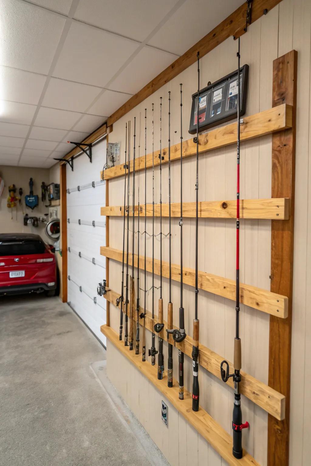 Rod holders that go on the wall are a stylish way to store fishing rods without taking up a lot of space.