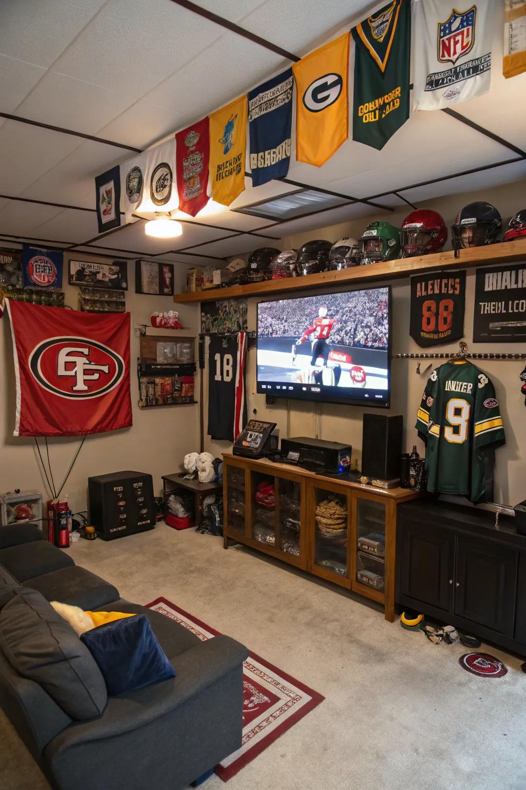 A sports fanatic's ideal setup inside a garage man cave.