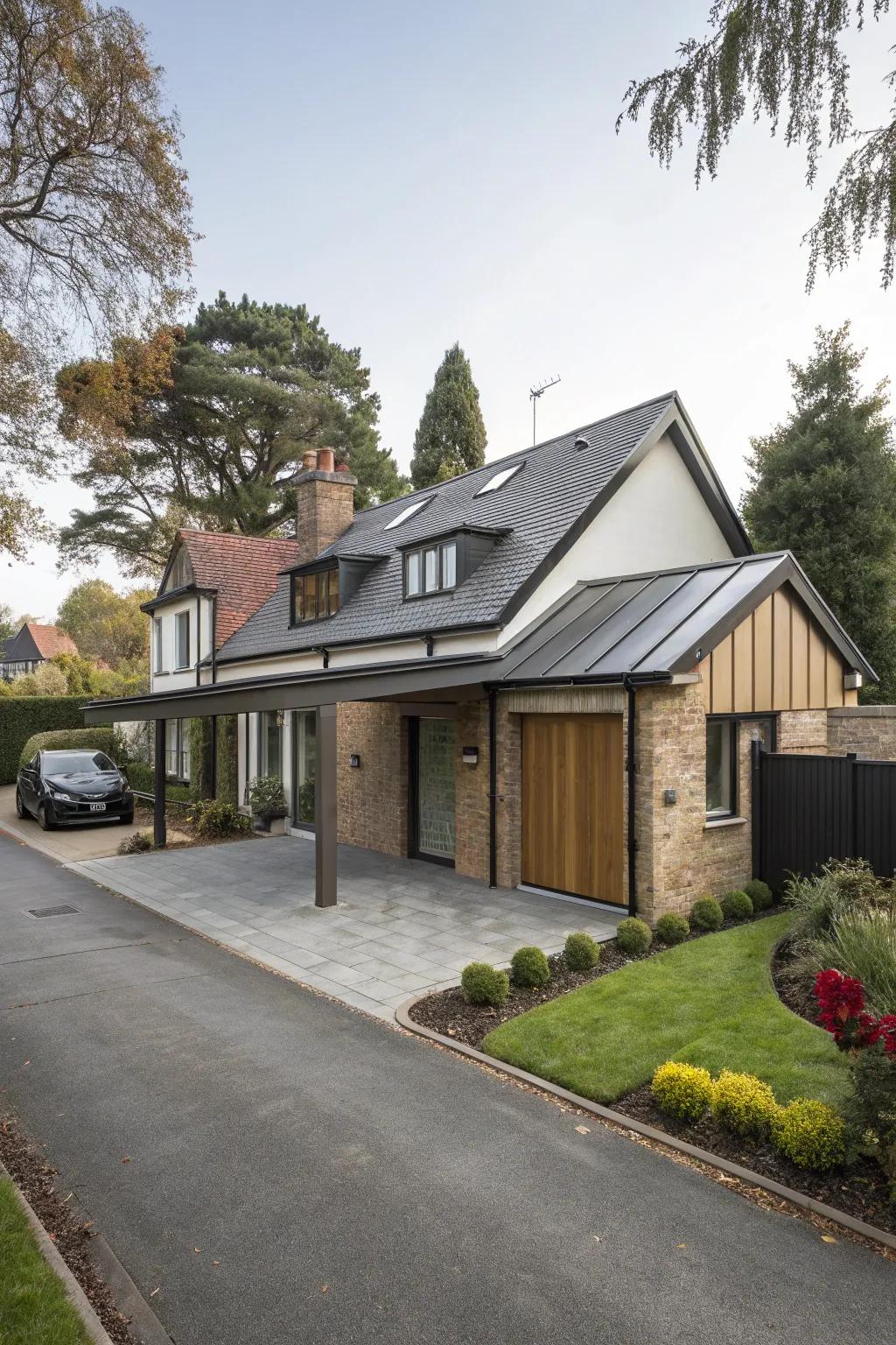 A seamless merge of garage and home construction delivers a harmonious visage.