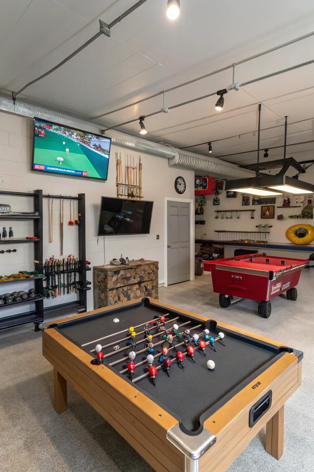 Design an energetic recreation center in your garage with a TV and interactive games.