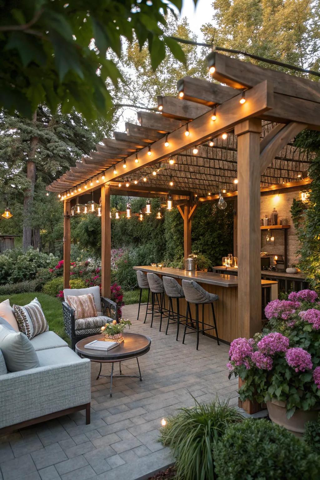 A captivating garden bar nestled beneath a pergola.