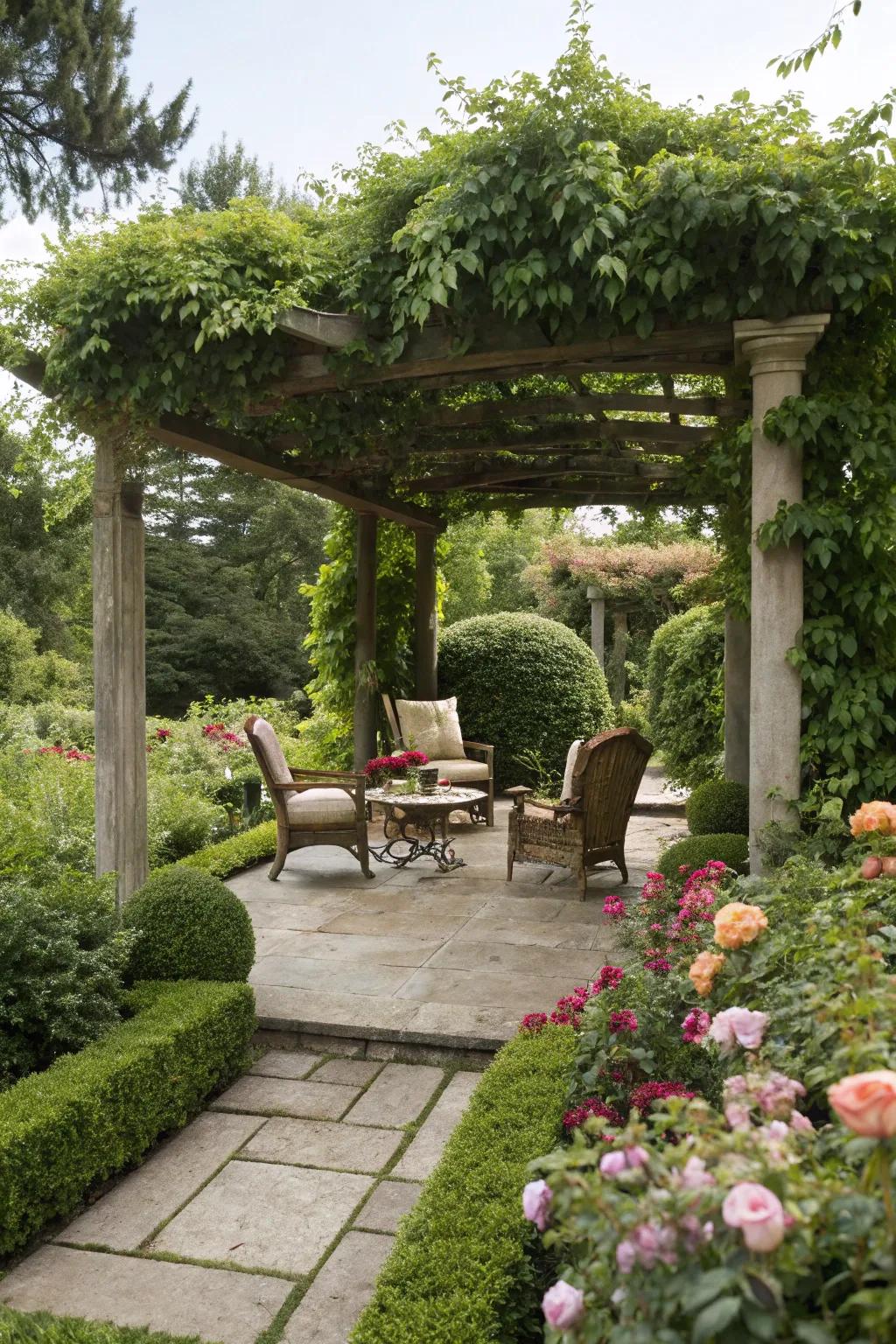 An arbor draped in climbing plants, offering shade and grace to a garden sitting spot.