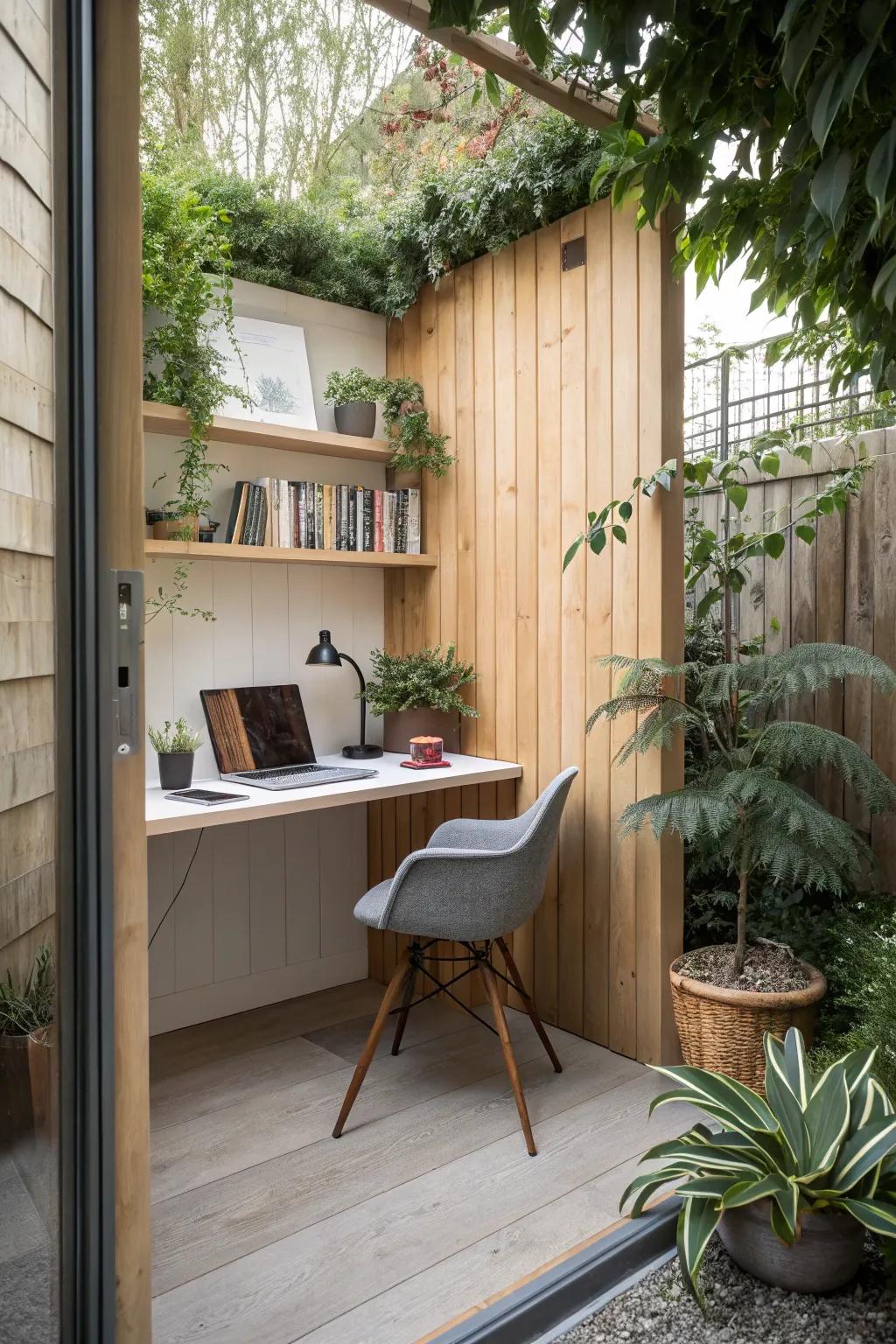 A tiny corner garden office, cleverly using every bit of available space.