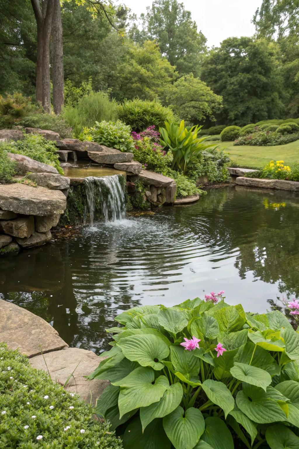 A tranquil pond with a gentle cascade, crafting a soothing atmosphere.