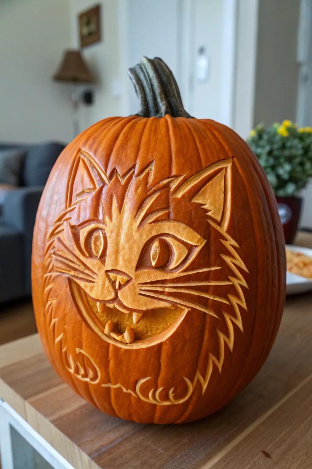 An odd feline cut into a gourd, adding a playful touch to Halloween setting.