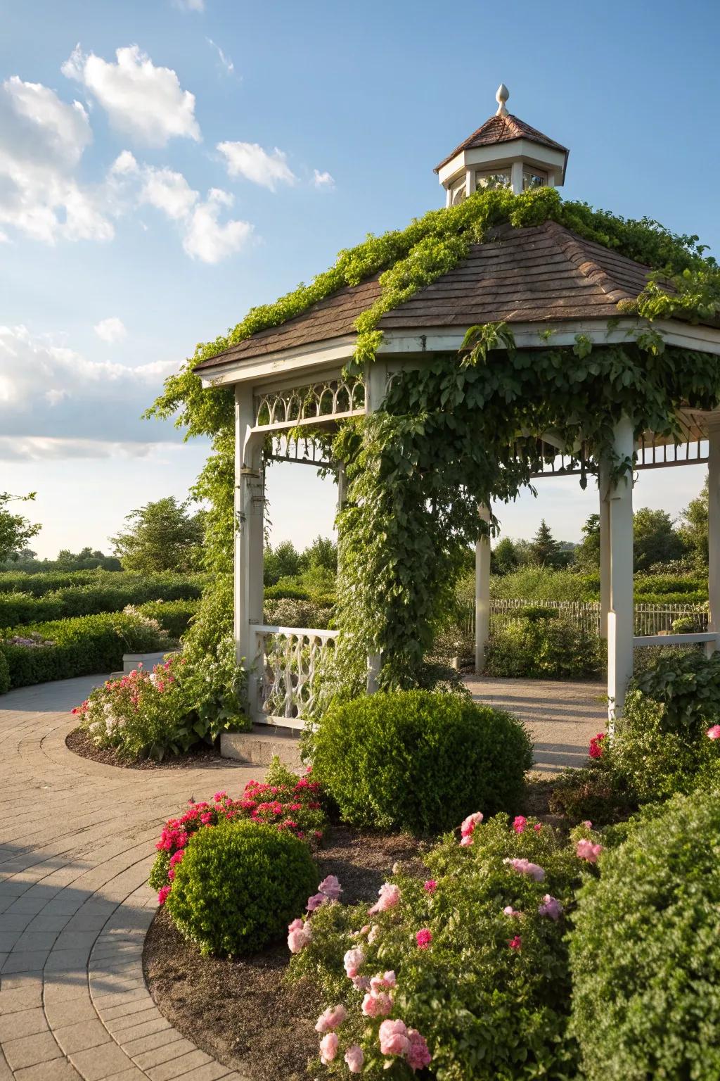 A gazebo with a pergola roof, elegantly draped with climbing plants.