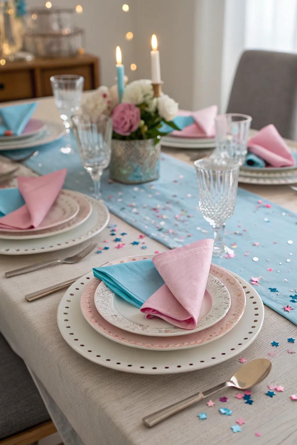 A refined tablescape establishes the aesthetic for a chic gender reveal.