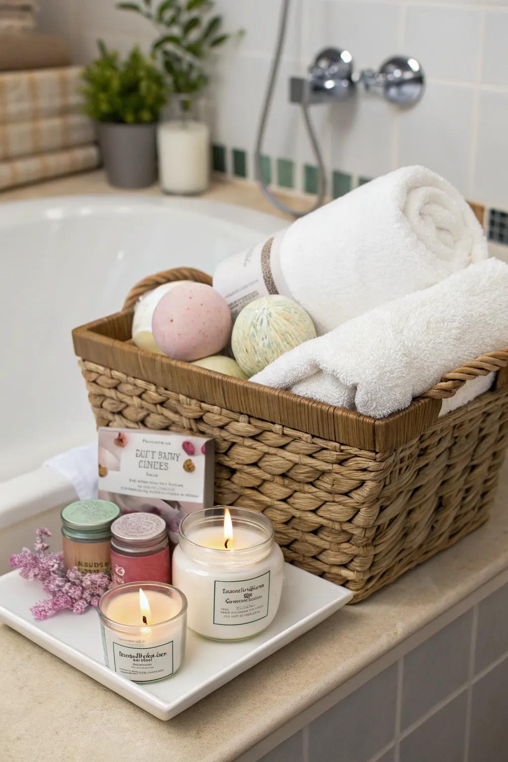 A spa-themed treasure-filled basket dedicated to ultimate relaxation.