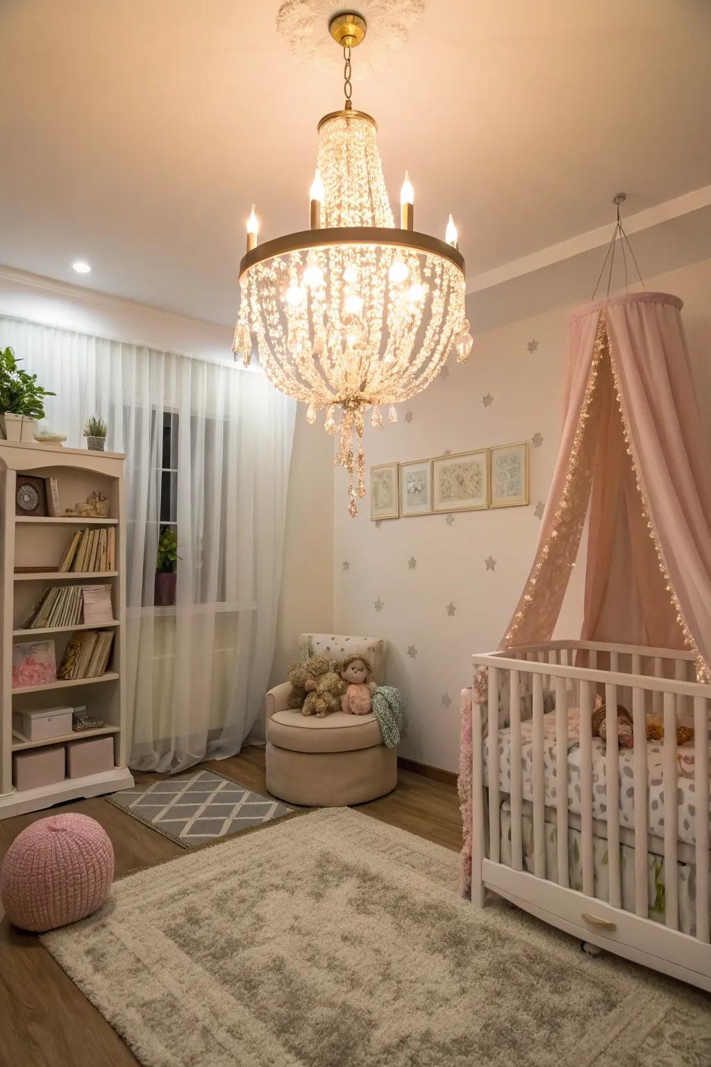 A chandelier brings sophistication and warmth to the nursery.
