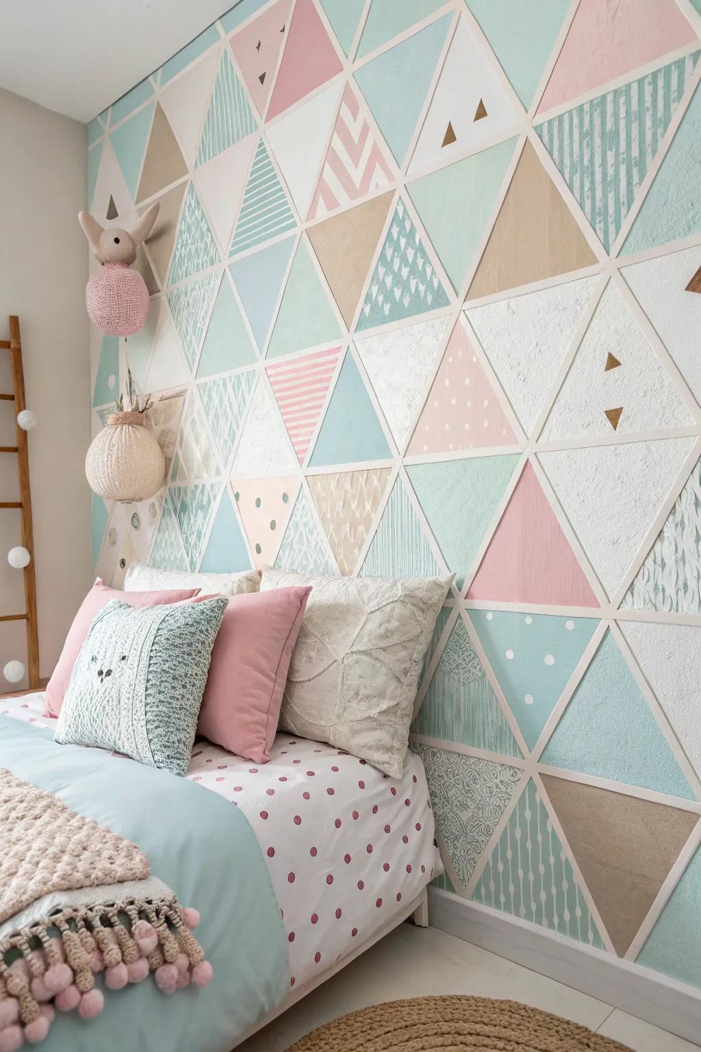 Textured geometric patterns add dimension to the bedroom walls.