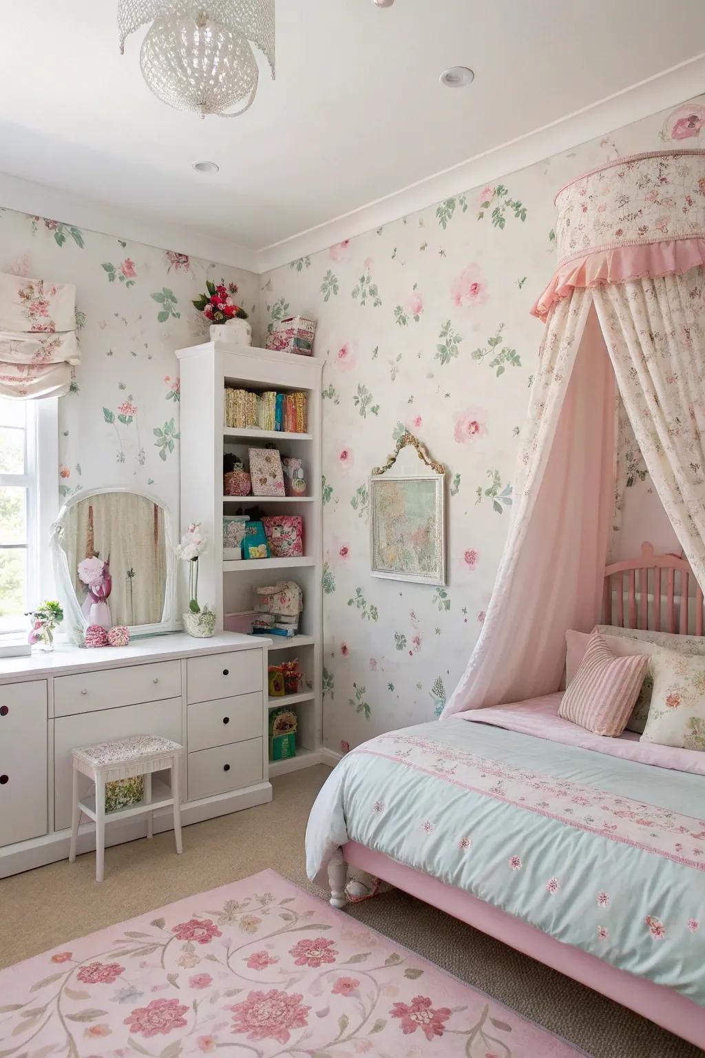 Petal motifs lift the space with a natural, whimsical touch.