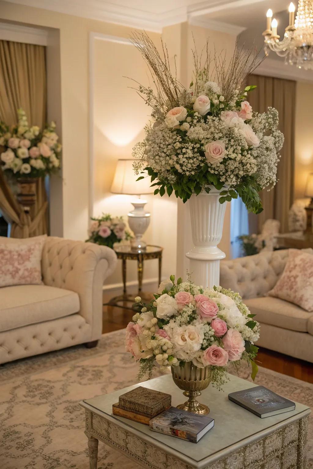 A living area featuring lush floral decorations for a feminine touch.