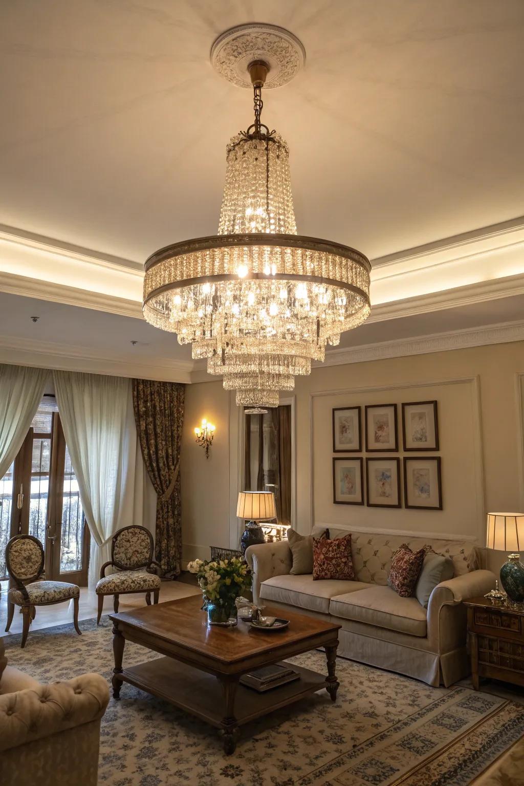 A glittering hanging light adds drama and elegance to a glamorous living room.