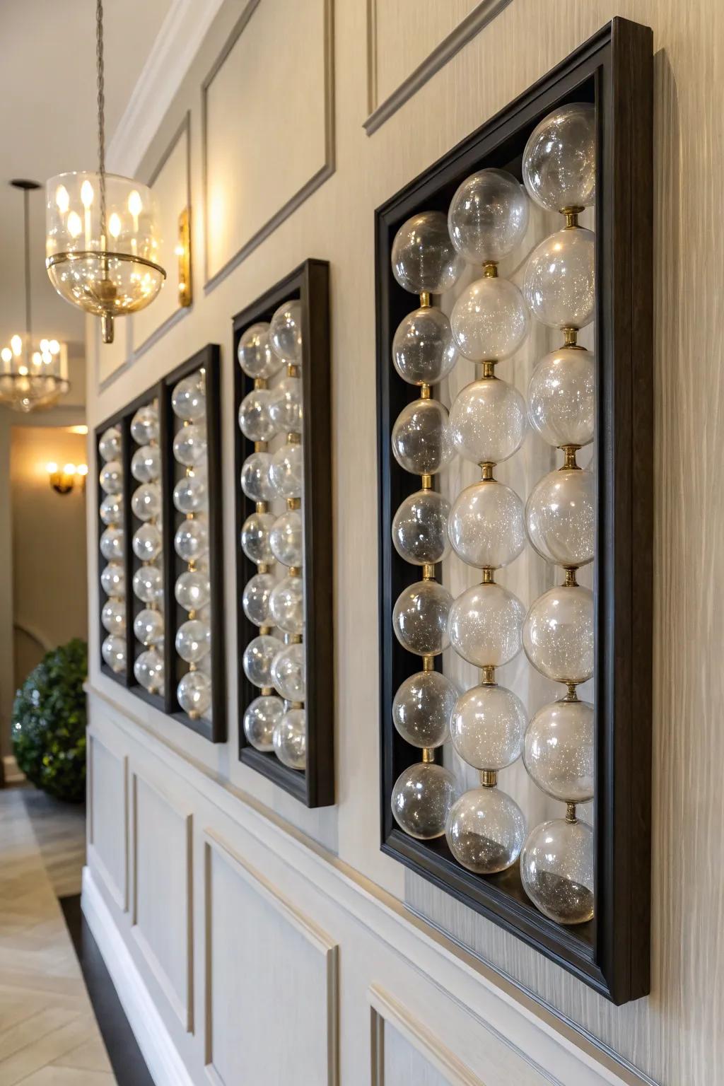 Framed glass orbs produce a suspended art effect.