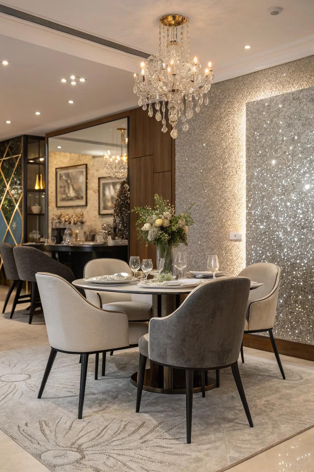 A sparkling wall adds drama to a dining space.