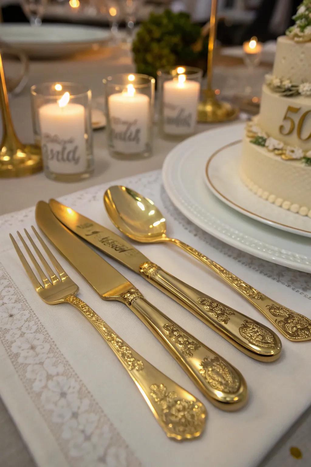 Personalized gold cutlery, an emblem of thoughtfulness woven into the celebration.