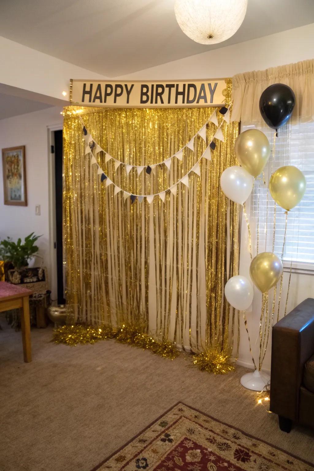 A gold streamer backdrop is perfect for capturing birthday moments.