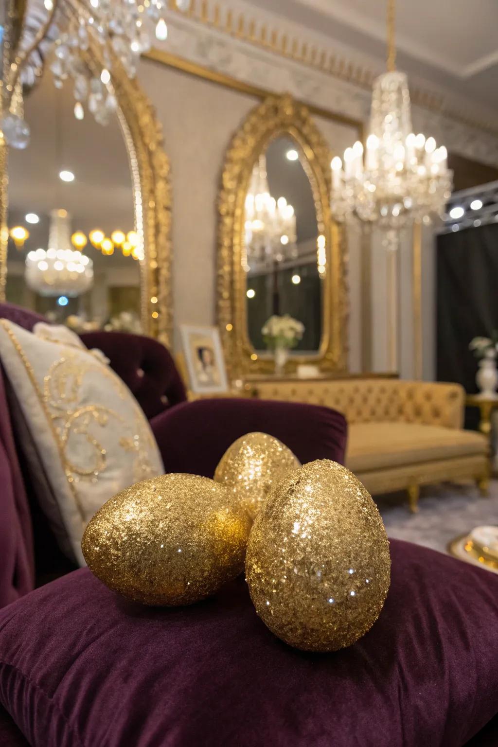 Glitter-covered golden eggs that dazzle in any Easter setting.