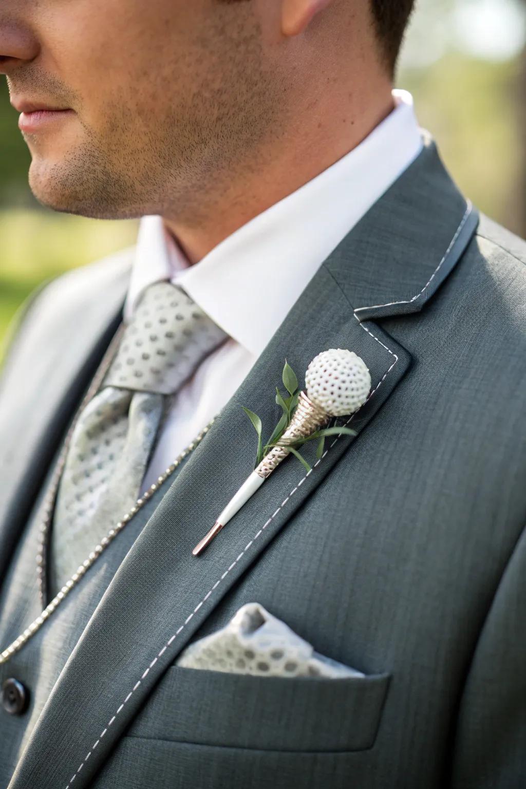 A sleek golf peg lapel enriches the wedding wear with a personal touch.