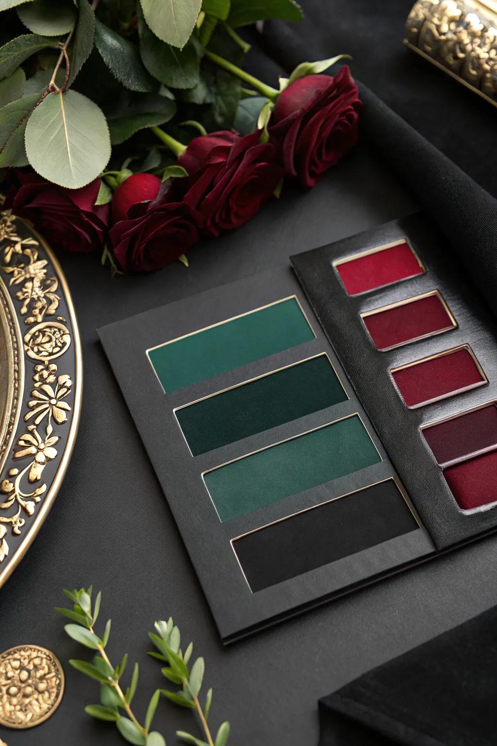 A gothic wedding color scheme featuring obsidian, emerald, and burgundy shades.