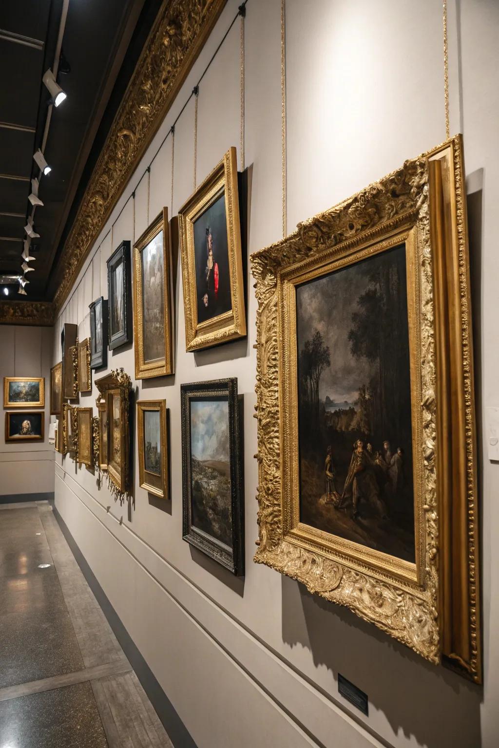 A gallery wall narrating a shadowy saga.
