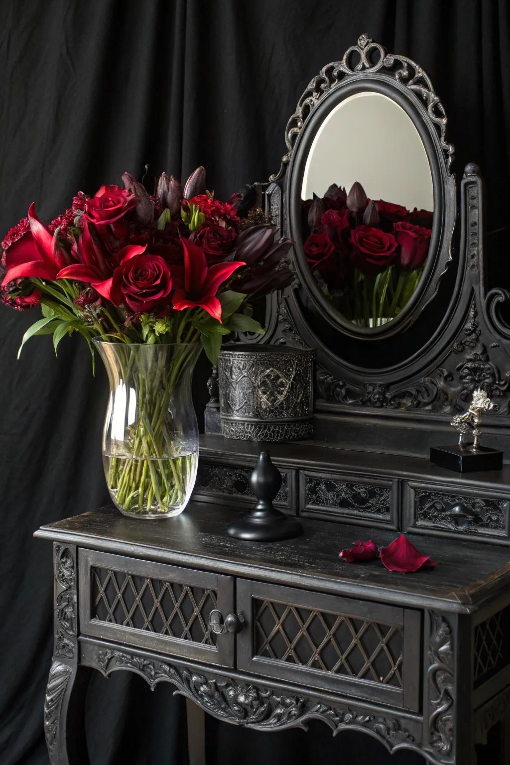Dark florals introduce an organic drama to your shadowed dressing table.