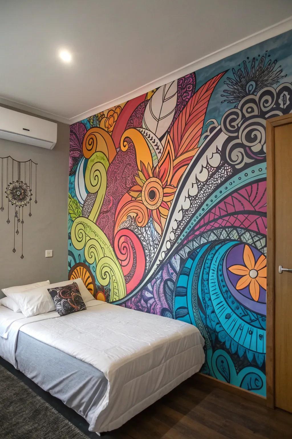 Abstract graffiti elements creating depth in a bedroom