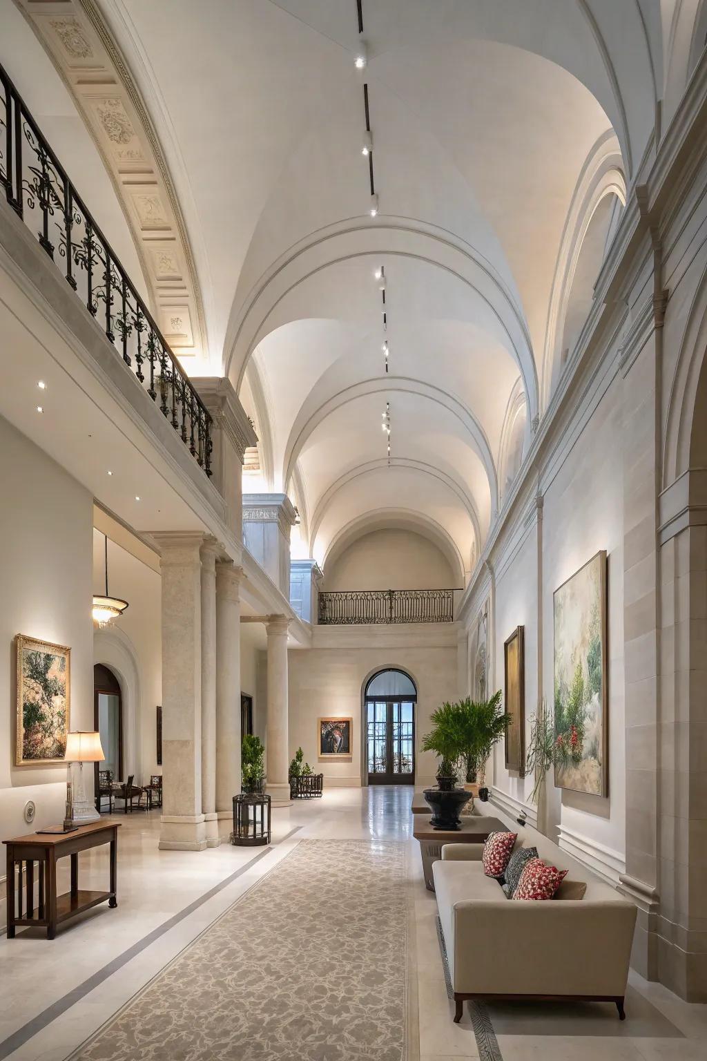 An open and airy grand foyer with high ceilings offers a spacious atmosphere.