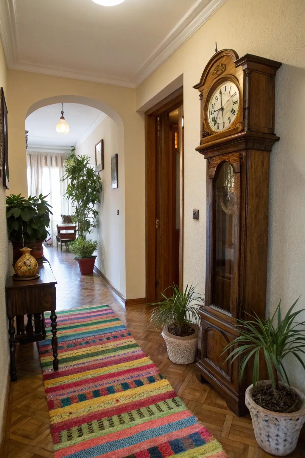 A hallway gains character with the addition of a time-honored timepiece and vibrant decor.