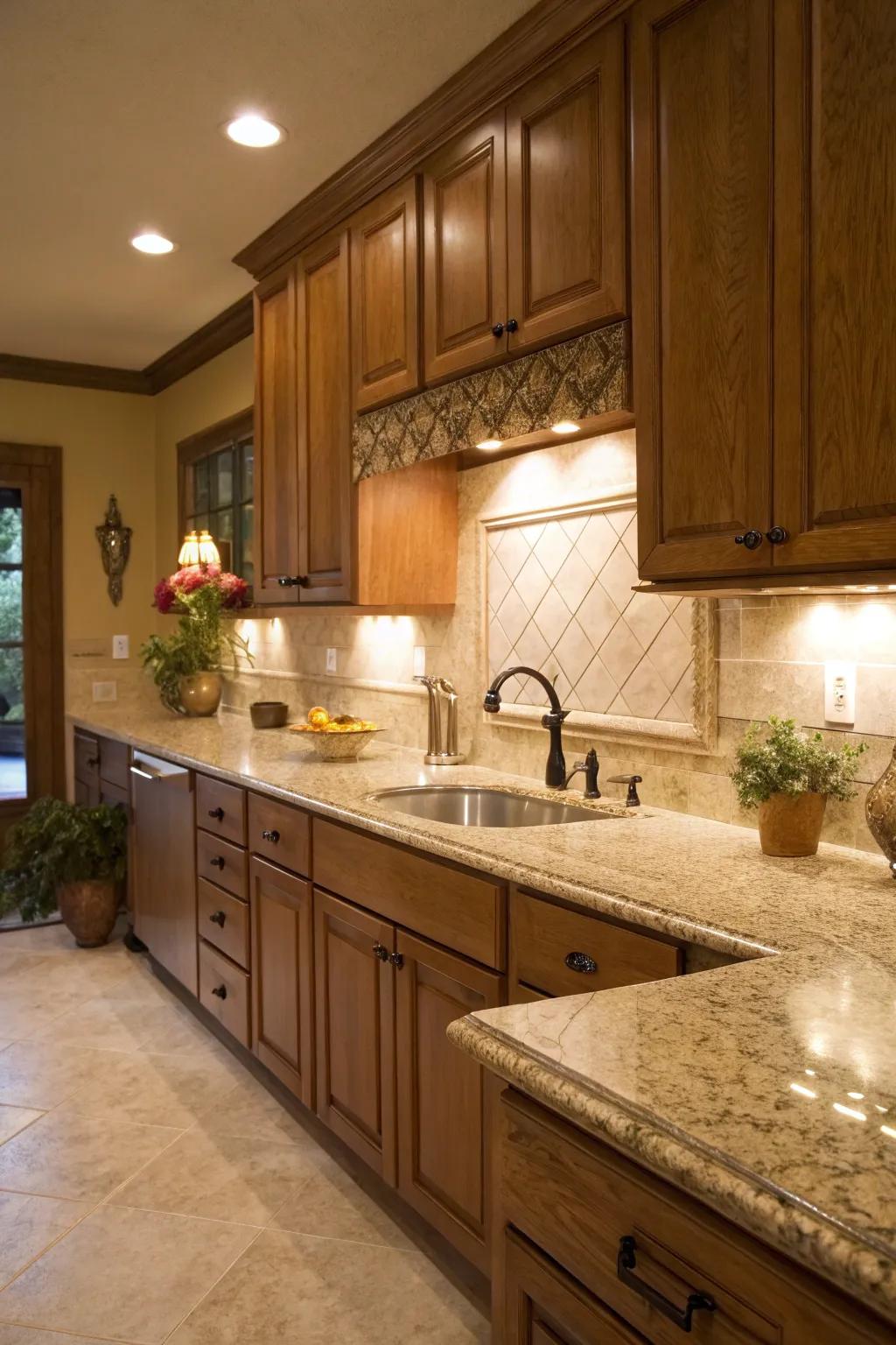 Sandstone granite creates a warm, inviting kitchen space.