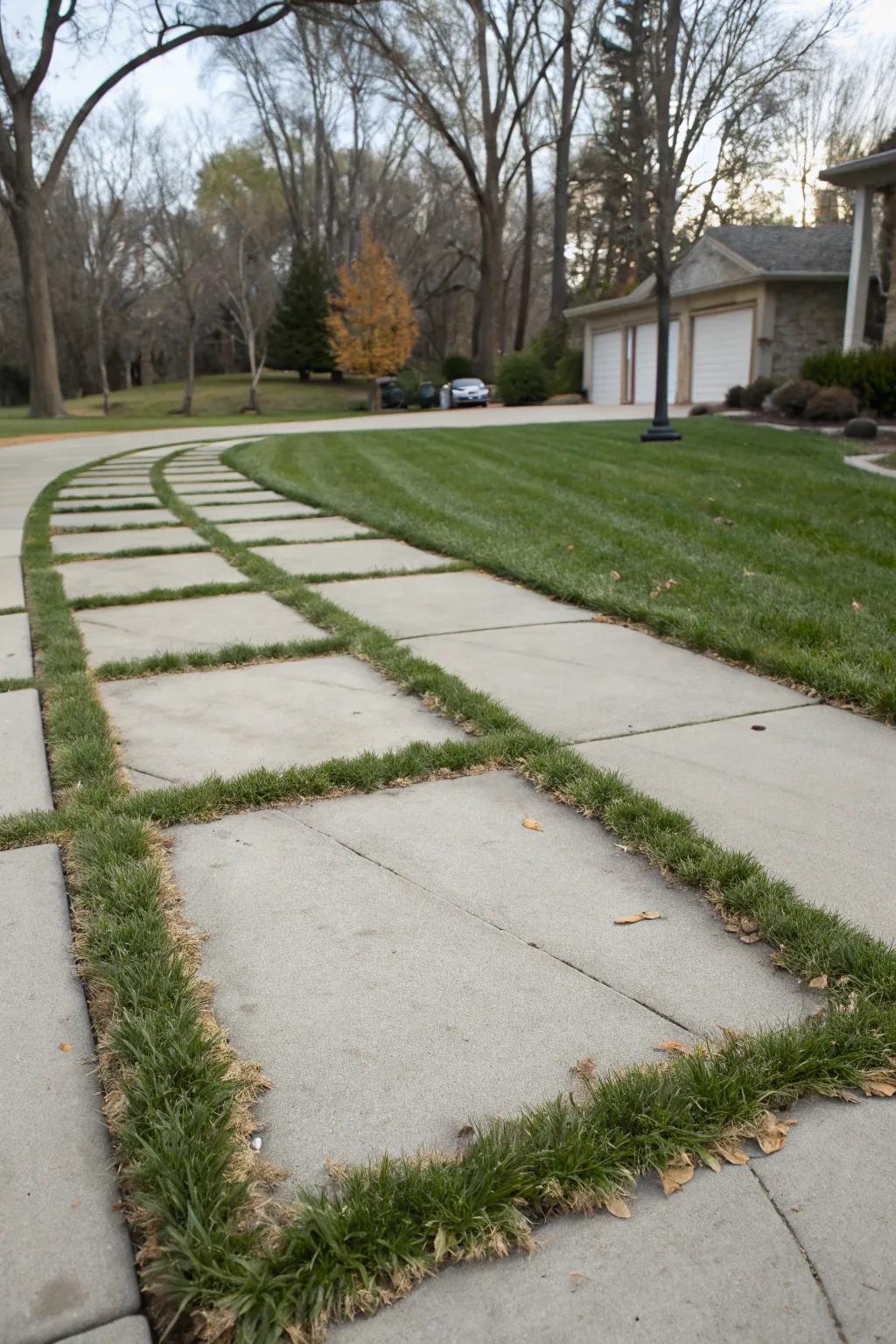Modern minimalism shines through sleek grass lines and structured stone pathways.