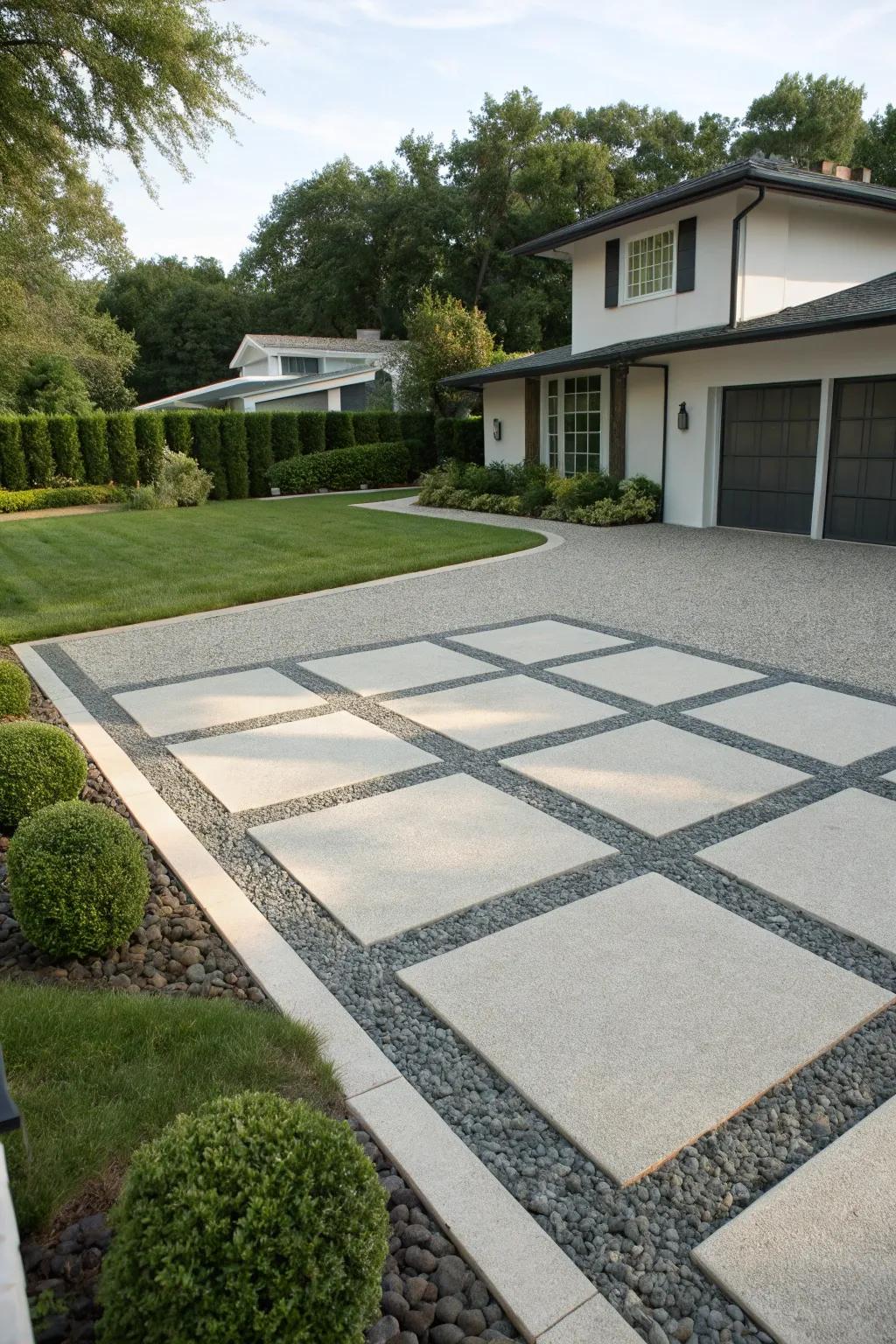 Geometric paver designs amplify the driveway's visual allure.