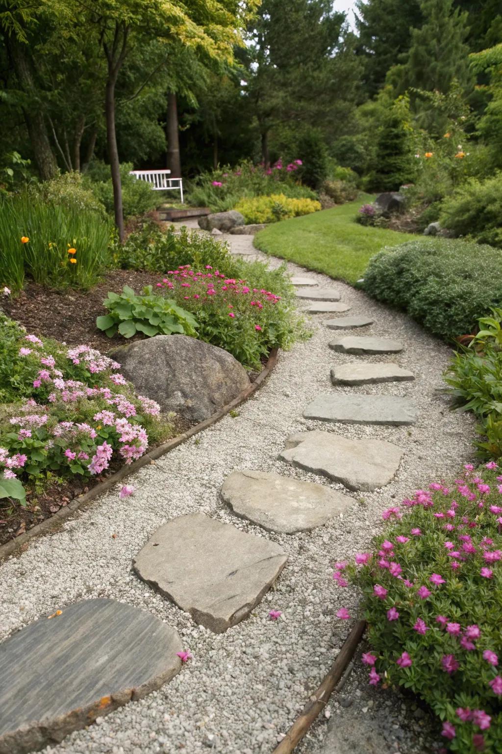 Pavers guiding the way through a pebble flower bed