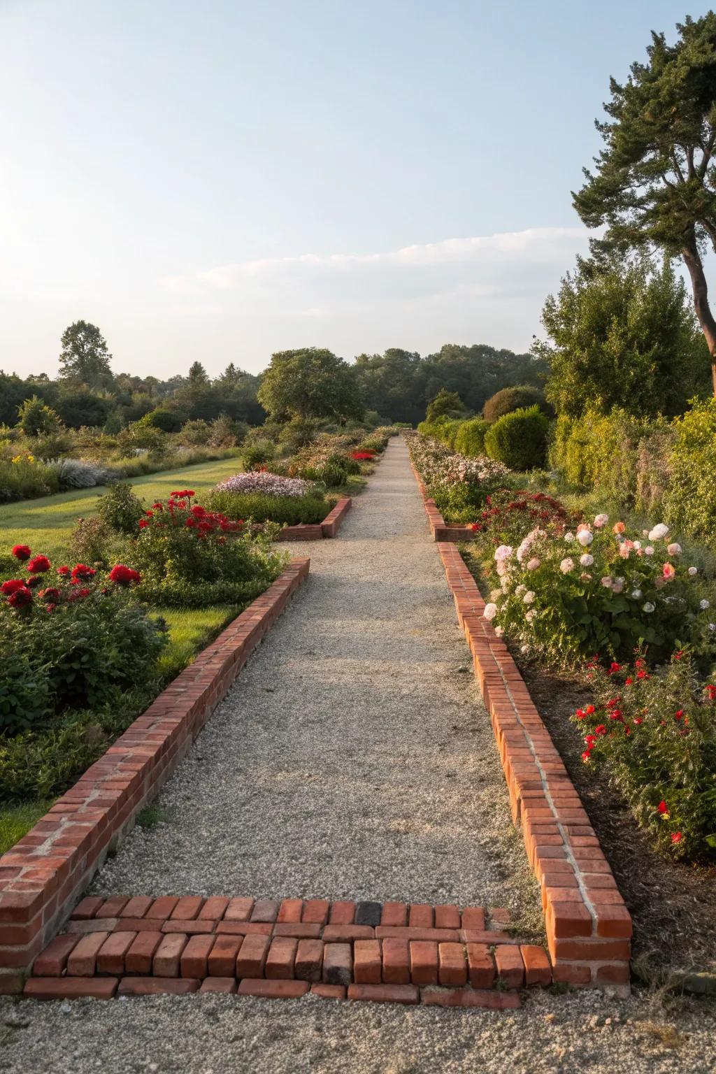 Brick borders create a crisp edge for a gravel pathway.