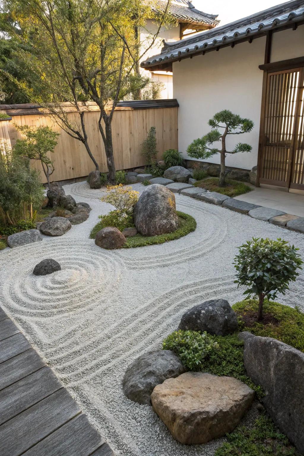 A soothing mindfulness garden nestled within a gravel patio, ideal for introspection.