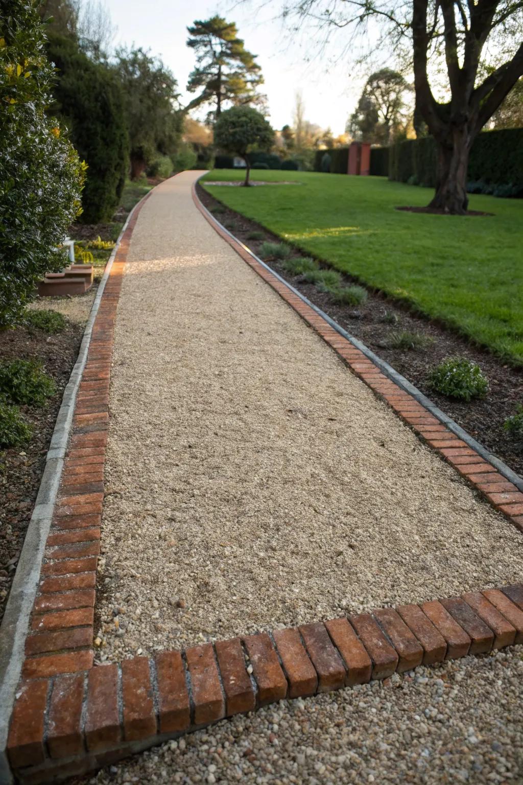 A gravel path neatly defined with brick edging