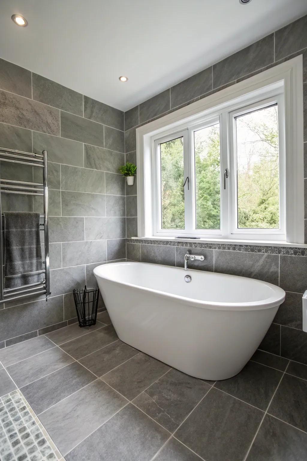 In a gray and white bathroom, the ultimate symbol of luxury is a freestanding tub.
