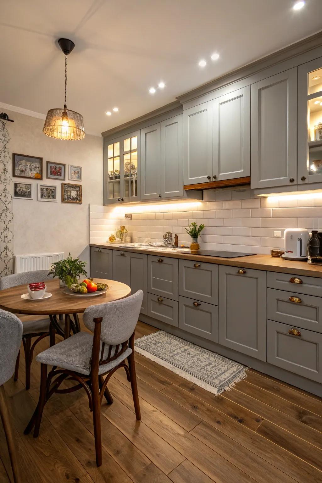 Rich hardwood floors enhance gray cabinets, adding a layer of coziness to the kitchen.