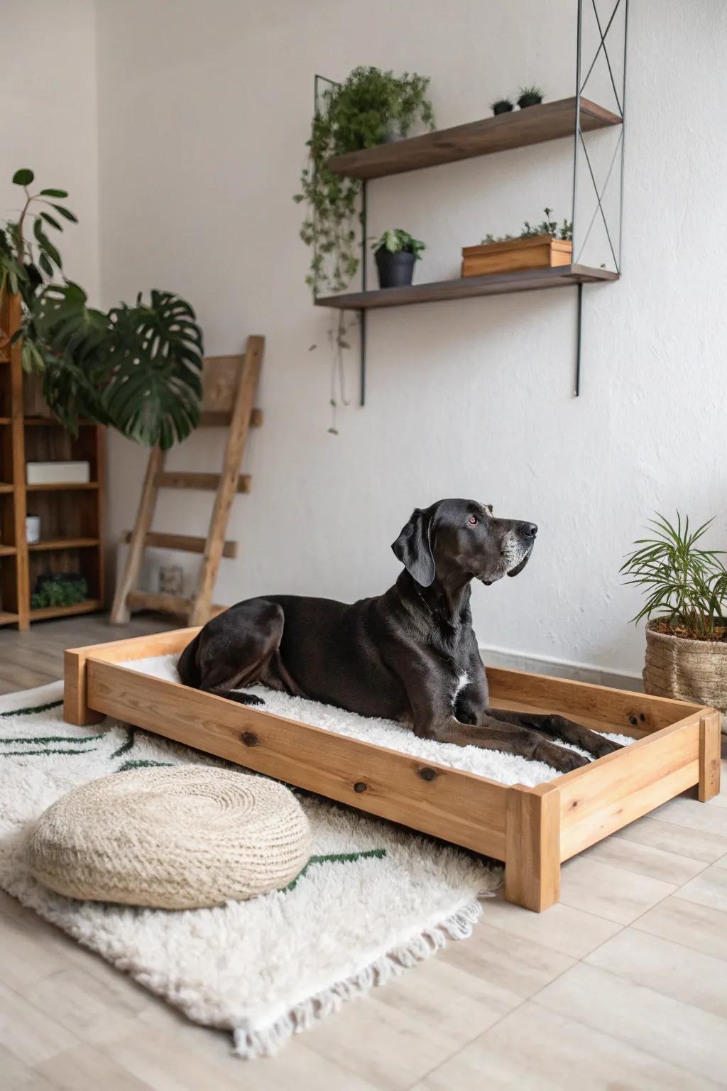 Raised wooden beds offer essential support and style for your Great Dane's tranquil repose.