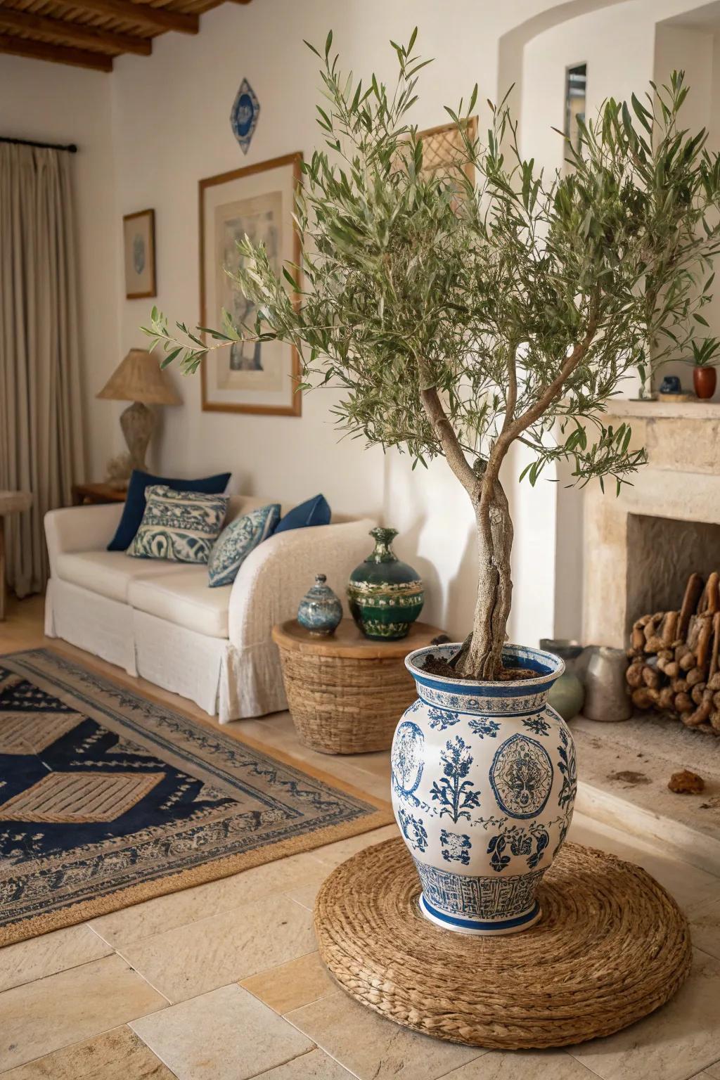 Mediterranean flora such as edible Olives elevate the Hellenic aesthetic.