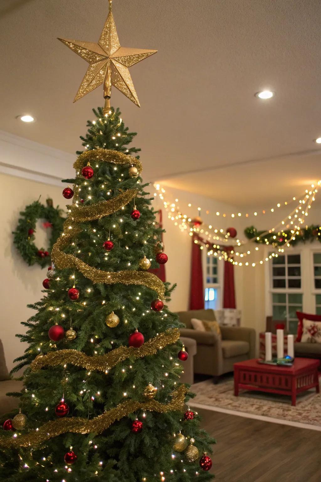 A sophisticated gilded star topping a Christmas tree