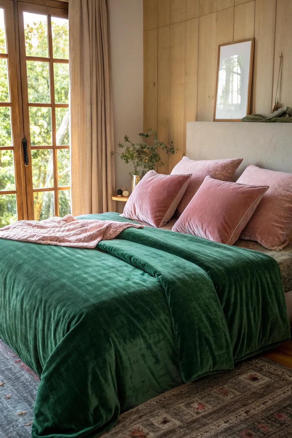 Velvet bedding in verdant and rosy shades emanates both extravagance and comfort.