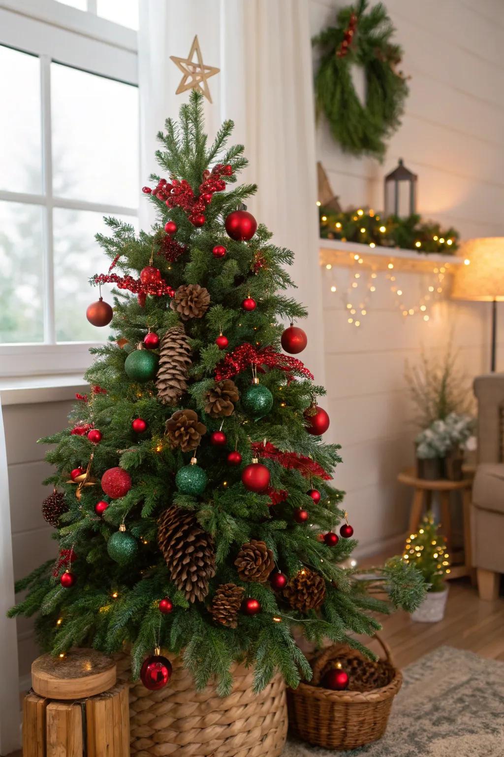 A Christmas tree featuring natural elements that complement the green and red palette.