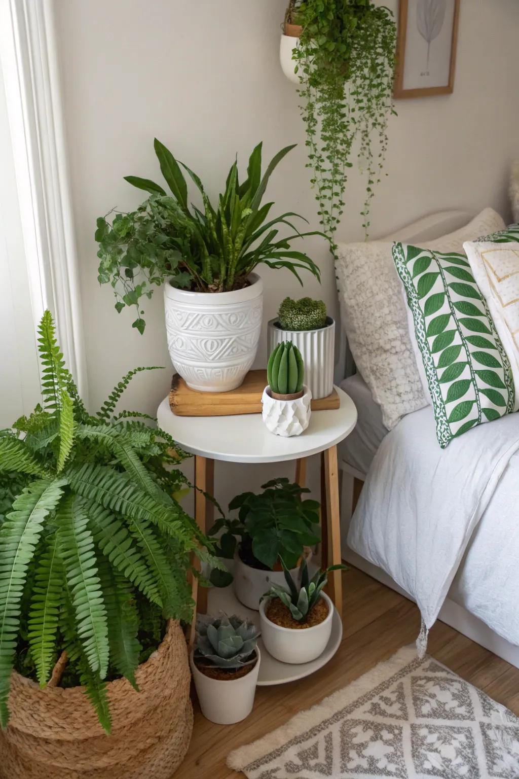 Potted plants accentuate the natural theme and introduce a vibrant feel.