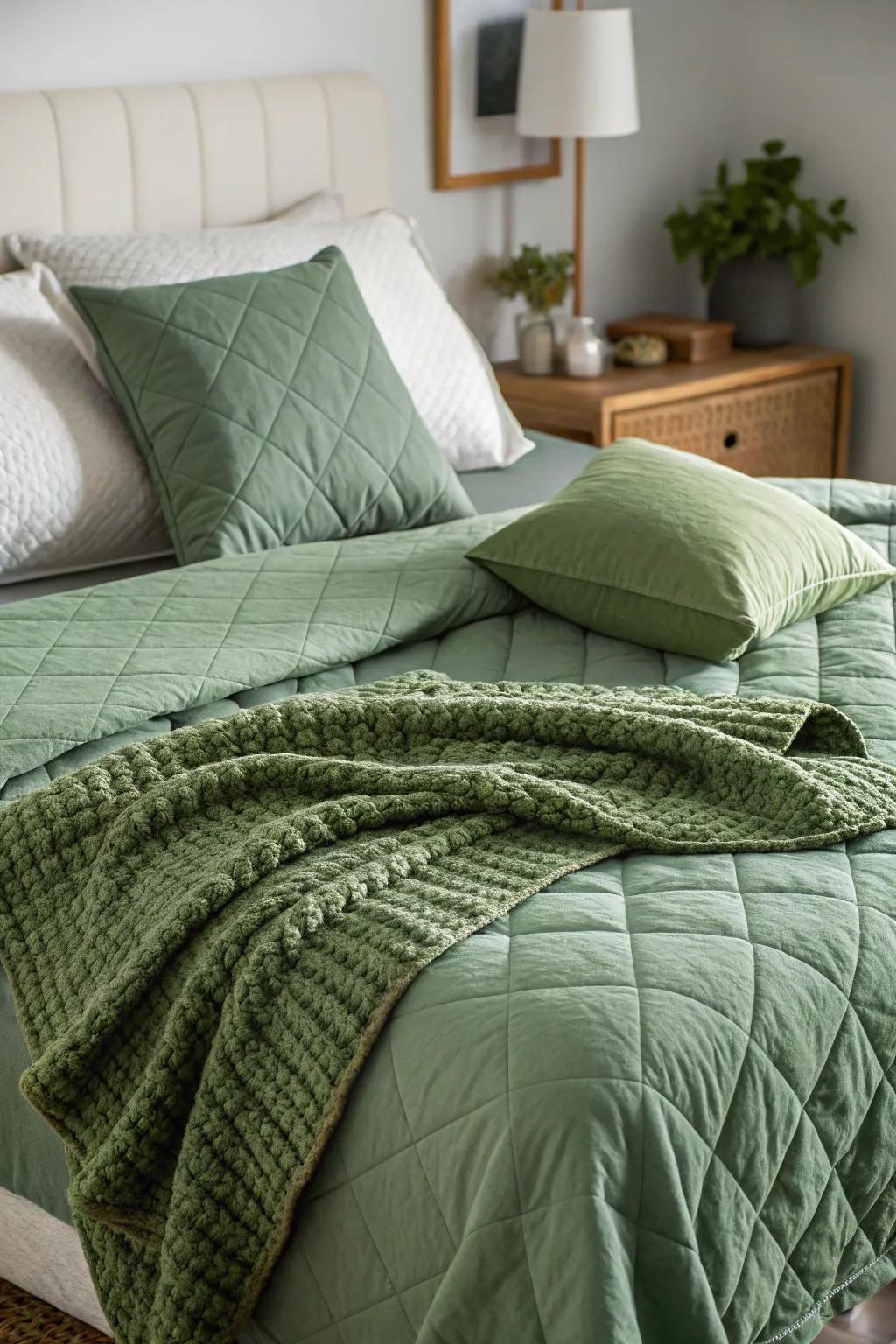 Deluxe green bedding adds ease and flair to the bedroom.