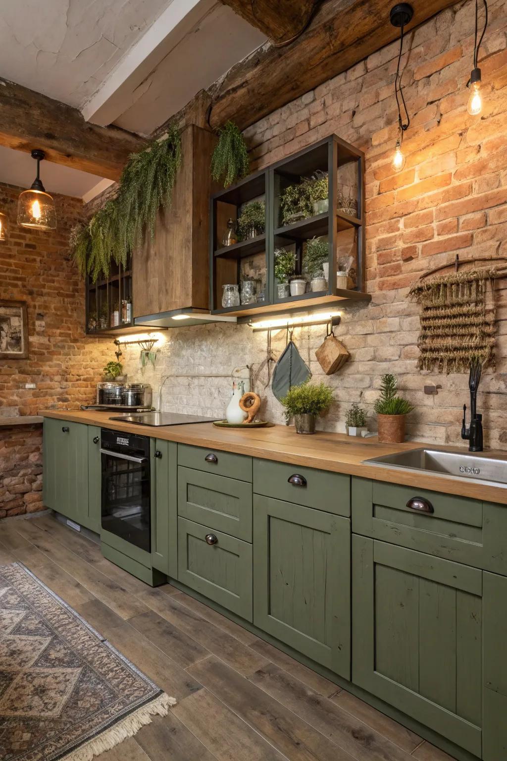 Countryside kitchen retreat showcasing olive green cabinets and welcoming textures.
