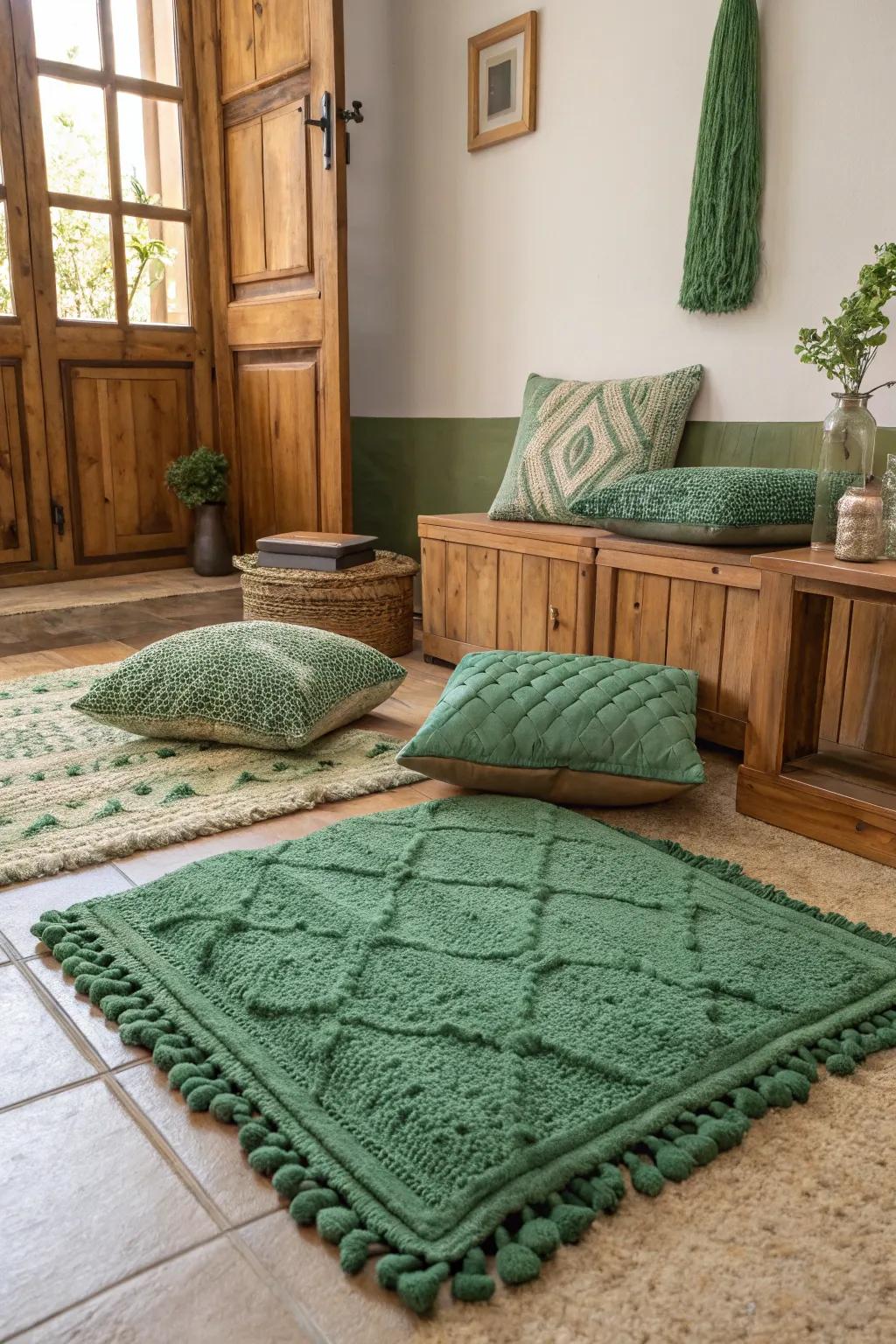 The incorporation of textured verdant elements contributes depth to the room.
