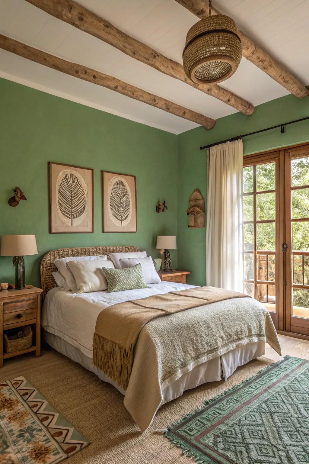 A cozy bedroom adorned with verdant walls and earthy neutral embellishments.
