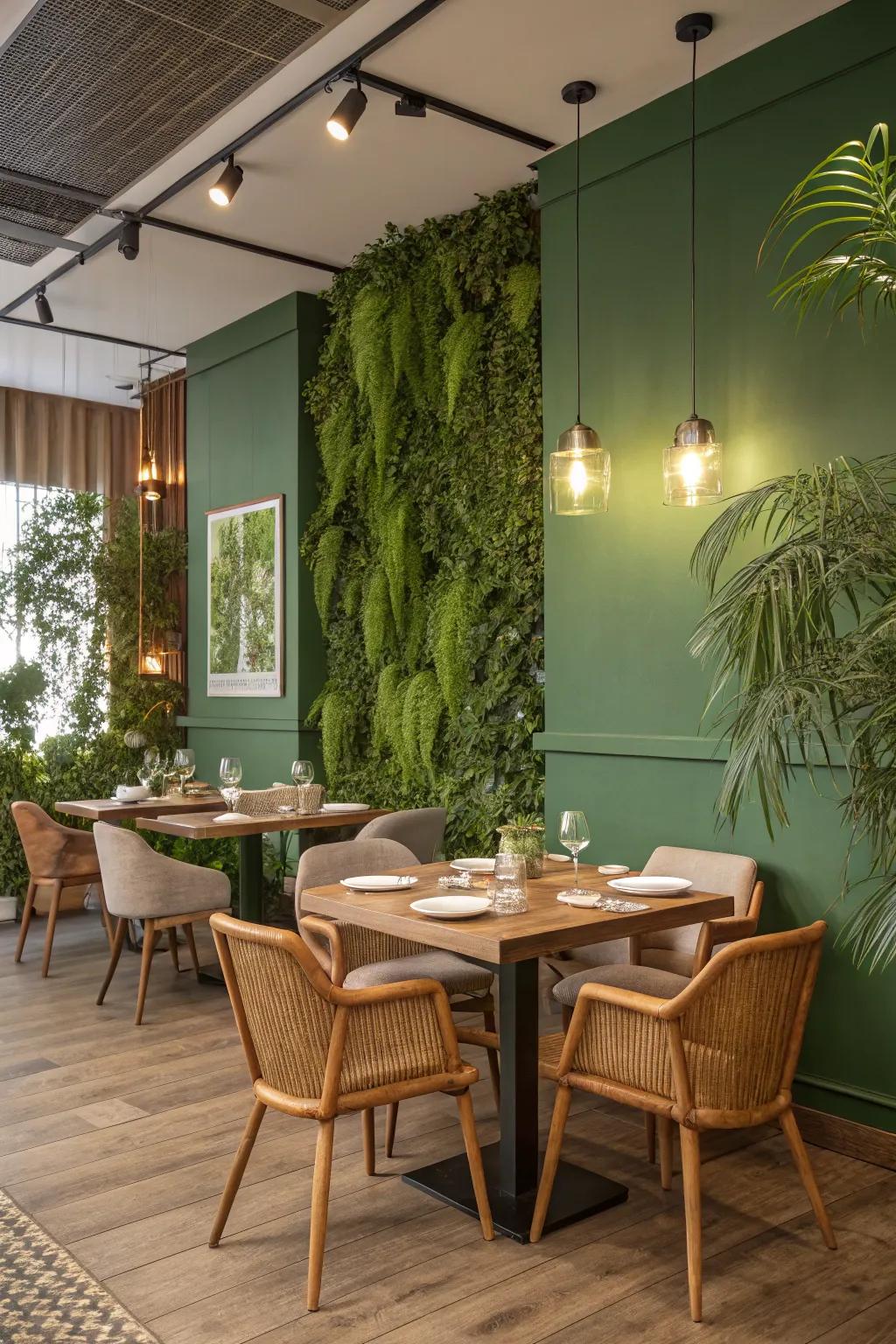 A dining space that embraces nature through botanical focused layout components.