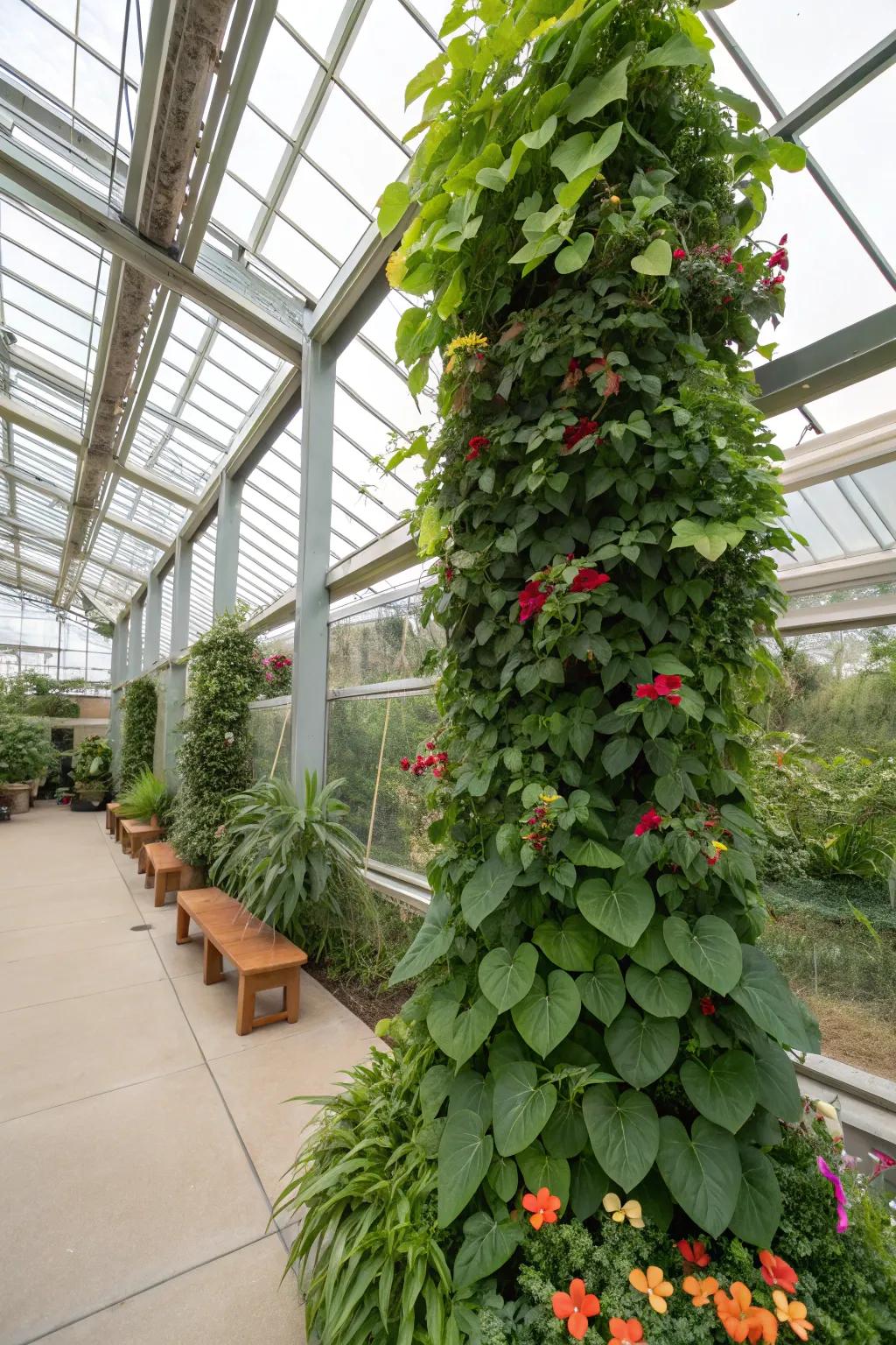 Wall planting inside a greenhouse, making a green wall.
